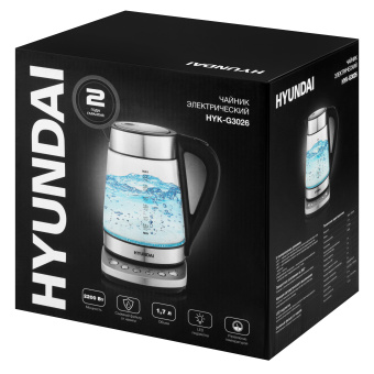 Чайник электрический Hyundai HYK-G3026 1.7л. 2200Вт серебристый/черный (корпус: стекло) - купить недорого с доставкой в интернет-магазине