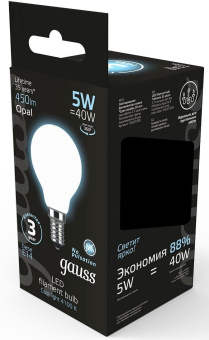 Лампа светодиодная Gauss Filament 5Вт цок.:E14 шар 220B св.свеч.бел.нейт. (упак.:1шт) (105201205) - купить недорого с доставкой в интернет-магазине