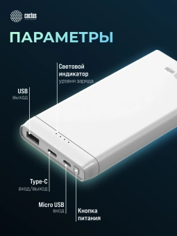 Мобильный аккумулятор Cactus CS-PBFSMT-10000 10000mAh 10.5W 2.1A 2xUSB-A белый - купить недорого с доставкой в интернет-магазине