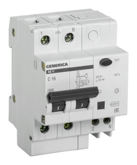 Выключатель автом. дифф. тока IEK MAD15-2-016-C-030 АД12 Generica 16A тип C 4.5kA 30мА AC 2П 230В 4мод серый (упак.:1шт) - купить недорого с доставкой в интернет-магазине