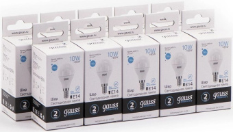 Лампа светодиодная Gauss Elementary 10Вт цок.:E14 шар 220B 4100K св.свеч.бел.ней. (упак.:10шт) (53120) - купить недорого с доставкой в интернет-магазине