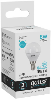 Лампа светодиодная Gauss 8Вт цок.:E14 шар 220B 4100K св.свеч.бел.нейт. G45 (упак.:1шт) (53128) - купить недорого с доставкой в интернет-магазине