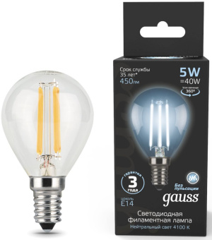 Лампа филам. Gauss Filament 5Вт цок.:E14 свеча 220B св.свеч.бел.нейт. (упак.:1шт) (105801205) - купить недорого с доставкой в интернет-магазине