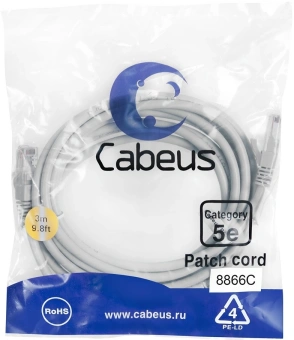 Патч-корд Cabeus PC-UTP-RJ45-CAT.5E-3M-LSZH U/UTP RJ-45 вил.-вилка RJ-45 кат.5E 3м серый LSZH - купить недорого с доставкой в интернет-магазине