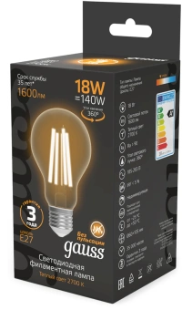 Лампа филам. Gauss Filament 18Вт цок.:E27 груша 220B св.свеч.бел.теп. (упак.:10шт) (102902118) - купить недорого с доставкой в интернет-магазине