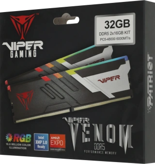 Память DDR5 2x16GB 6000MHz Patriot PVVR532G600C30K Viper Venom RGB RTL Gaming PC5-48000 CL30 DIMM 288-pin 1.35В kit с радиатором Ret - купить недорого с доставкой в интернет-магазине