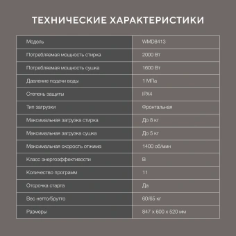 Стиральная машина Hyundai WMD8413 класс: B загр.фронтальная макс.:8кг (с сушкой) белый инвертор - купить недорого с доставкой в интернет-магазине