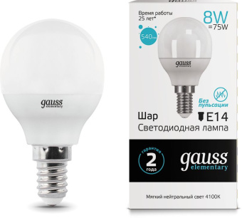 Лампа светодиодная Gauss Elementary 8Вт цок.:E14 шар 220B 4100K св.свеч.бел.ней. P45 (упак.:10шт) (53128) - купить недорого с доставкой в интернет-магазине