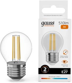 Лампа филам. Gauss Filament 8Вт цок.:E27 шар св.свеч.бел.теп. (упак.:10шт) (52218) - купить недорого с доставкой в интернет-магазине