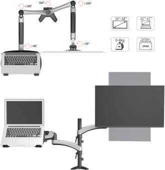 Кронштейн для монитора/ноутбука Cactus CS-VM-LH08-AL серебряный 13"-27" макс.8кг настольный поворот и наклон - купить недорого с доставкой в интернет-магазине