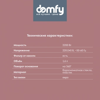 Чайник электрический Domfy DSW-EK304 1.6л. 2200Вт белый корпус: стекло/пластик - купить недорого с доставкой в интернет-магазине