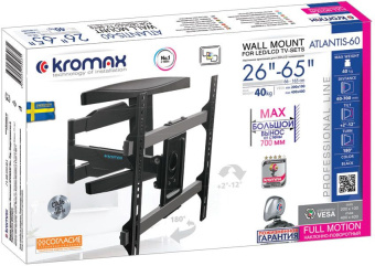 Кронштейн для телевизора Kromax ATLANTIS-60 черный 26"-65" макс.40кг настенный поворотно-выдвижной и наклонный - купить недорого с доставкой в интернет-магазине