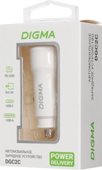 Автомобильное зар./устр. Digma DGC2С 20W 3A (PD+QC) USB-C/USB-A белый (DGC2C0HX12WH) - купить недорого с доставкой в интернет-магазине