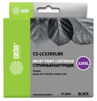 Картридж струйный Cactus CS-LC529XLBK черный (61мл) для Brother DCP-J100/J105/J200 с чипом - купить недорого с доставкой в интернет-магазине