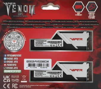 Память DDR5 2x16Gb 6600MHz Patriot PVV532G660C34K Viper Venom RTL Gaming PC5-52800 CL34 DIMM 288-pin 1.4В kit с радиатором Ret - купить недорого с доставкой в интернет-магазине