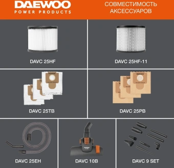 Строительный пылесос Daewoo DAVC 2000 Home 1500Вт (уборка: сухая/сбор воды/выдув) оранжевый - купить недорого с доставкой в интернет-магазине