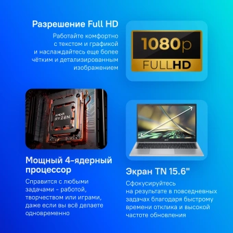Ноутбук Acer Aspire 3 A315-24P-R8RZ Ryzen 3 7320U 8Gb SSD256Gb AMD Radeon 610M 15.6" TN FHD (1920x1080) без ОС silver WiFi BT Cam (NX.KDECD.00J) - купить недорого с доставкой в интернет-магазине