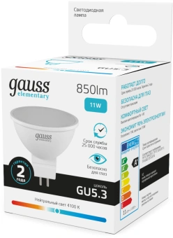 Лампа светодиодная Gauss Elementary 13521 11Вт цок.:GU5.3 софит 220B св.свеч.бел.нейт. MR16 (упак.:10шт) - купить недорого с доставкой в интернет-магазине