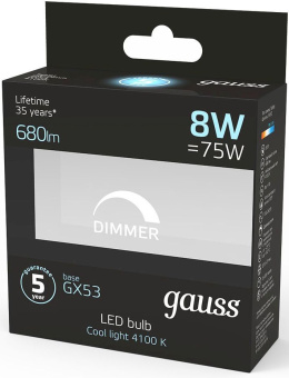 Лампа светодиодная Gauss GX53 8Вт цок.:GX53 таблетка 220B 4100K св.свеч.бел.нейт. (упак.:1шт) (108408208-D) - купить недорого с доставкой в интернет-магазине