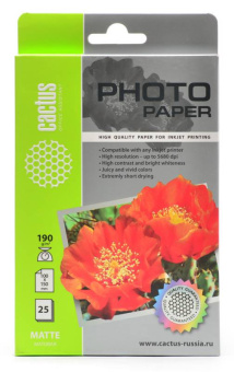 Фотобумага Cactus CS-MA619025 10x15/190г/м2/25л./белый матовое для струйной печати - купить недорого с доставкой в интернет-магазине