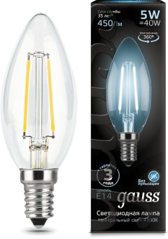 Лампа филам. Gauss Filament 5Вт цок.:E14 свеча 220B св.свеч.бел.нейт. (упак.:1шт) (103801205) - купить недорого с доставкой в интернет-магазине