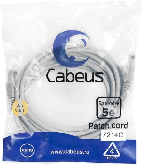 Патч-корд Cabeus PC-UTP-RJ45-CAT.5E-3M U/UTP RJ-45 вил.-вилка RJ-45 кат.5E 3м серый ПВХ - купить недорого с доставкой в интернет-магазине