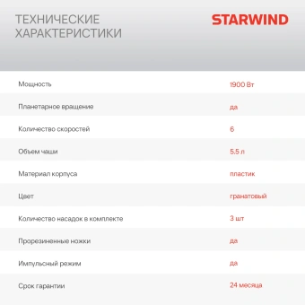 Миксер планетарный Starwind SPM7170 1900Вт гранатовый - купить недорого с доставкой в интернет-магазине