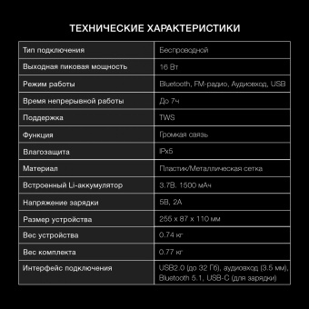 Колонка порт. Hyundai H-PS1020 черный 16W 2.0 BT 10м 1500mAh - купить недорого с доставкой в интернет-магазине