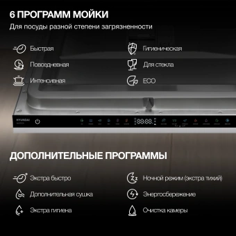 Посудомоечная машина встраив. Hyundai HBD 665 2100Вт полноразмерная нержавеющая сталь инвертер - купить недорого с доставкой в интернет-магазине