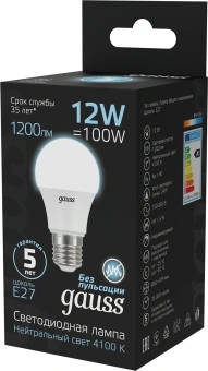 Лампа светодиодная Gauss A60 12Вт цок.:E27 груша 220B св.свеч.бел.нейт. A60 (упак.:1шт) (102502212) - купить недорого с доставкой в интернет-магазине