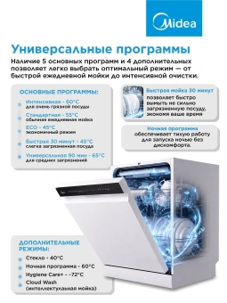 Посудомоечная машина Midea MFD60S150Wi белый (полноразмерная) - купить недорого с доставкой в интернет-магазине