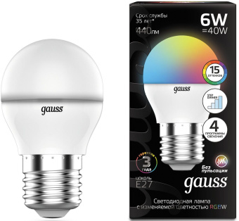 Лампа светодиодная Gauss 105102406 6Вт цок.:G45 шар 175B св.свеч.RGB (упак.:1шт) - купить недорого с доставкой в интернет-магазине