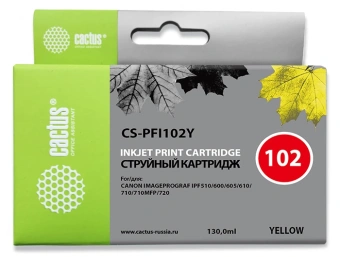 Картридж струйный Cactus CS-PFI102Y PFI-102 Y желтый (130мл) для Canon IP iPF500/iPF600/iPF700/MFP M40/iPF765/LP17/LP24 с чипом - купить недорого с доставкой в интернет-магазине