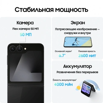 Смартфон Samsung SM-F761B Galaxy Flip7 FE 128Gb 8Gb черный раскладной 3G 4G 1Sim 6.7" 1080x2640 Android 16 50Mpix 802.11 a/b/g/n/ac/ax NFC GPS GSM900/1800 GSM1900 Protect - купить недорого с доставкой в интернет-магазине