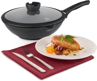 Сковорода ВОК (WOK) Rondell Escurion RDA-870 круглая 28см покрытие: Xylan Plus ручка съемная (с крышкой) черный - купить недорого с доставкой в интернет-магазине