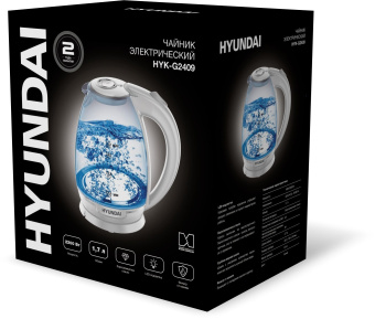 Чайник электрический Hyundai HYK-G2409 1.7л. 2200Вт белый/серебристый (корпус: стекло) - купить недорого с доставкой в интернет-магазине