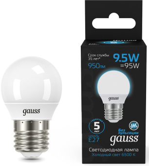 Лампа светодиодная Gauss 105102310 9.5Вт цок.:E27 шар 220B св.свеч.бел.хол. (упак.:10шт) - купить недорого с доставкой в интернет-магазине