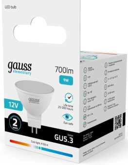 Лампа светодиодная Gauss Elementary 9Вт цок.:GU5.3 софит 12B св.свеч.бел.нейт. (11529) - купить недорого с доставкой в интернет-магазине