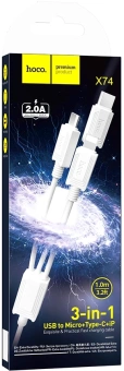 Кабель Hoco X74 3-in-1 charging cable(iP+Micro+Type-C) 67370 USB (m)-Lightning (m)/USB Type-C (m)/micro USB (m) 1м черный - купить недорого с доставкой в интернет-магазине
