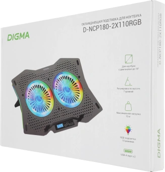 Подставка для ноутбука Digma D-NCP180-2x110RGB 18" 410x280x34мм 20дБ 2xUSB 2x 110ммFAN 700г Fan-control пластик ABS черный - купить недорого с доставкой в интернет-магазине