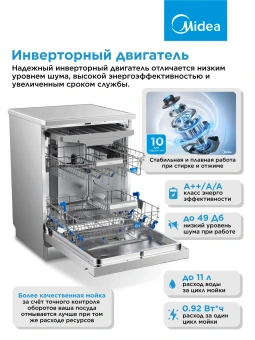 Посудомоечная машина Midea MFD60S460SI серебристый/черный (полноразмерная) инвертор - купить недорого с доставкой в интернет-магазине