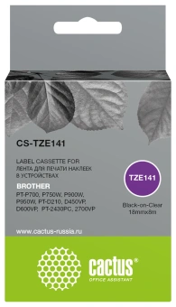 Картридж ленточный Cactus CS-TZE141 TZe-141 черный на прозрачном 18x8 для Brother PT-P700, P750W, P900W, P950W, PT-D210, D450VP, D600VP, PT-2430PC, 2700VP - купить недорого с доставкой в интернет-магазине