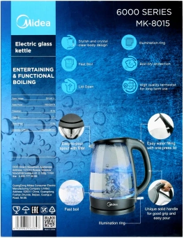 Чайник электрический Midea MK-8015 1.7л. 2200Вт черный корпус: стекло/пластик - купить недорого с доставкой в интернет-магазине