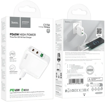 Сетевое зар./устр. Hoco C115A Header PD65W three-port(2C1A) charger(EU) 65W 3.25A+3A+2A+1.5A (PD+QC) универсальное белый (98312) - купить недорого с доставкой в интернет-магазине