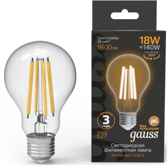 Лампа филам. Gauss Filament 18Вт цок.:E27 груша 220B св.свеч.бел.теп. (упак.:10шт) (102902118) - купить недорого с доставкой в интернет-магазине