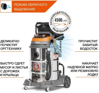 Строительный пылесос Daewoo DAVC 6030S 3200Вт (уборка: сухая/сбор воды/выдув) серебристый - купить недорого с доставкой в интернет-магазине