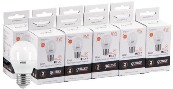 Лампа светодиодная Gauss Elementary 8Вт цок.:E27 шар 220B св.свеч.бел.теп. (упак.:10шт) (53218) - купить недорого с доставкой в интернет-магазине