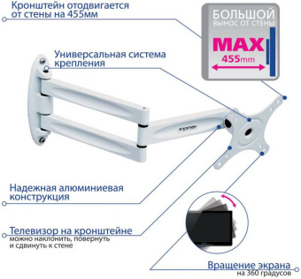 Кронштейн для телевизора Kromax TECHNO-11 белый 10"-32" макс.15кг настенный поворот и наклон - купить недорого с доставкой в интернет-магазине