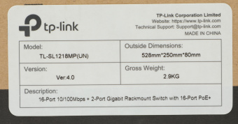 Коммутатор TP-Link TL-SL1218MP (L2) 16x100Мбит/с 2x1Гбит/с 2xКомбо(1000BASE-T/SFP) 16PoE+ 192W неуправляемый - купить недорого с доставкой в интернет-магазине
