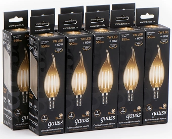 Лампа светодиодная Gauss Filament 7Вт цок.:E14 свеча 220B св.свеч.бел.теп. CF35 (упак.:10шт) (104801107) - купить недорого с доставкой в интернет-магазине